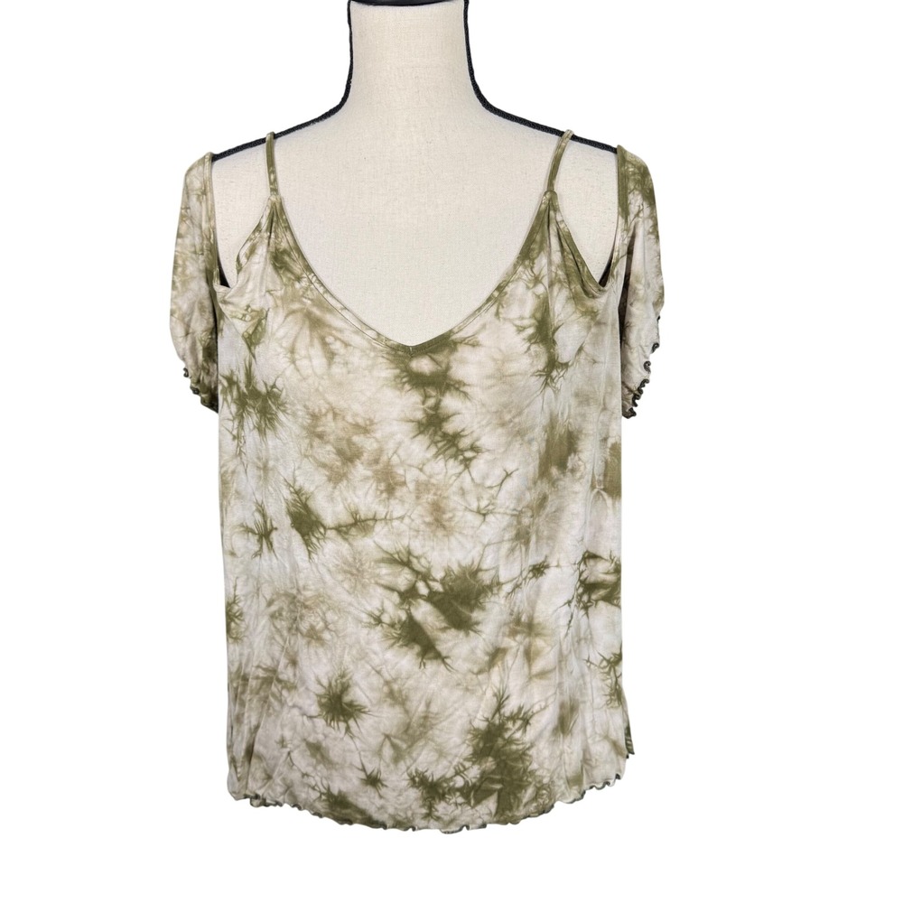 American Eagle Soft & Sexy Cold Shoulder Tie Dye Top Olive Green Women's XL